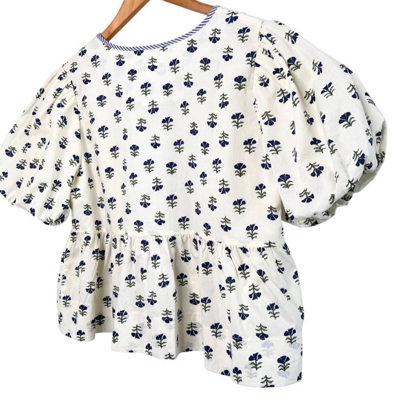 &Merci Puff Sleeve Peplum Blouse Women's Size L Blue Boho Floral Print Tie Neck - Picture 6 of 8
